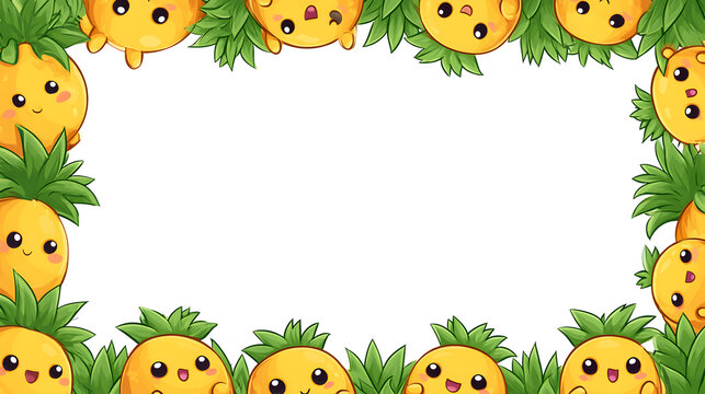 Cute funny baby pineapple fruit border, adorable chubby pineapple babies around the edges, cute leafy crowns, big expressive eyes, tiny hands and feet.