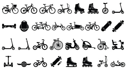 Comprehensive vector icon set of personal transportation devices including bicycles, scooters, skateboards, roller skates, unicycles, wheelchairs, and electric micro-mobility vehicles. © VectorSuka