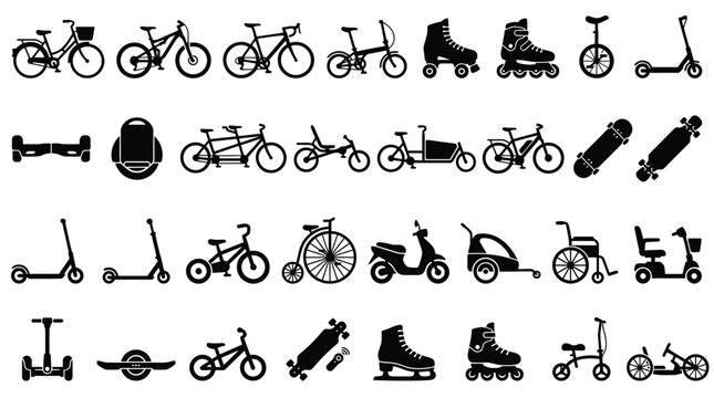 Comprehensive vector icon set of personal transportation devices including bicycles, scooters, skateboards, roller skates, unicycles, wheelchairs, and electric micro-mobility vehicles.