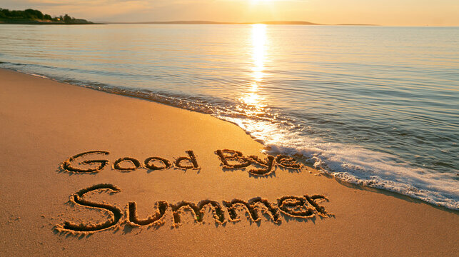 Sunset beach with farewell message in sand, golden reflection, calm sea, warm sky, serene shore, summer end