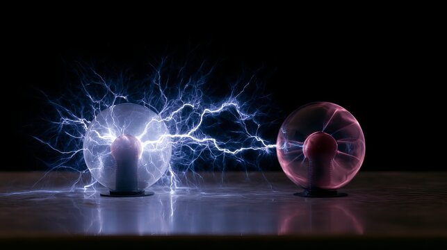 Electric plasma spheres display striking blue and violet hues, generating captivating arcs representing scientific energy and technological innovation's potential