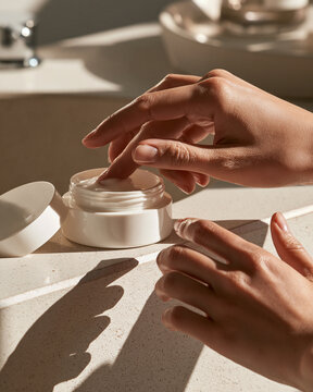 Hands applying moisturizer at minimal bathroom vanity