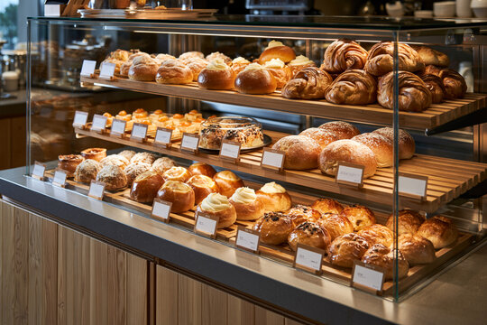 Bread buns and cakes displayed at contemporary Korean bakery