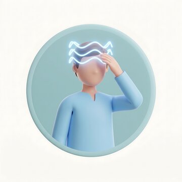 Character touching forehead with glowing wavy lines representing headache or migraine in a 3D rendered circular graphic