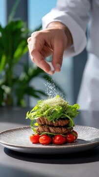 Professional chef sprinkling sea salt over a gourmet beef and fresh vegetable steak stack