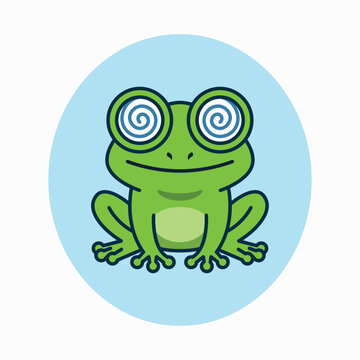 Hypnotic green frog character with blue spiral eyes inside blue circle vector illustration