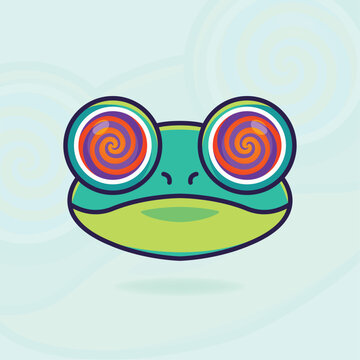Hypnotic frog face vector illustration with colorful spiral eyes