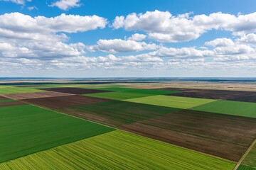 Fototapeta premium The Aerial Farmland Landscape of Colorful Checkerboard Fields and Clouds
