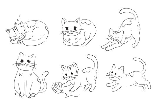 Set of cute cute line art cats in different activities