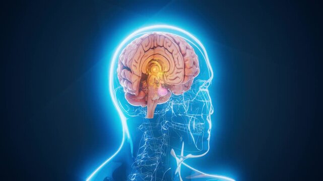 Conceptual 3D animation of a man's X-ray brain with hypothalamus and pituitary molecules