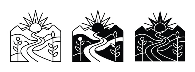 Minimalist Landscape Icons: Sun, Mountains, River, Plants, Vector Art Set for Nature and Outdoor Themes © Sobuj