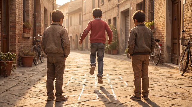 Children playing hopscotch on sun drenched street chalk grid back view lifestyle