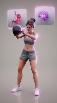 Conceptual 3D animation of a fit woman doing kettlebell exercise with benefits for the gut microbiome and brain