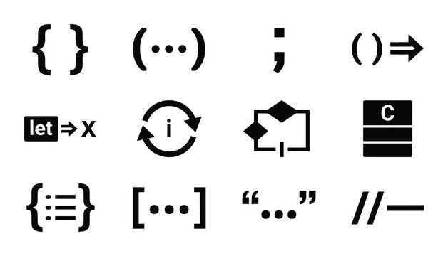 Programming and Coding Symbols Set, Code Brackets and Syntax Icons, Developer Logic and Scripting Elements, Vector Graphic Resources