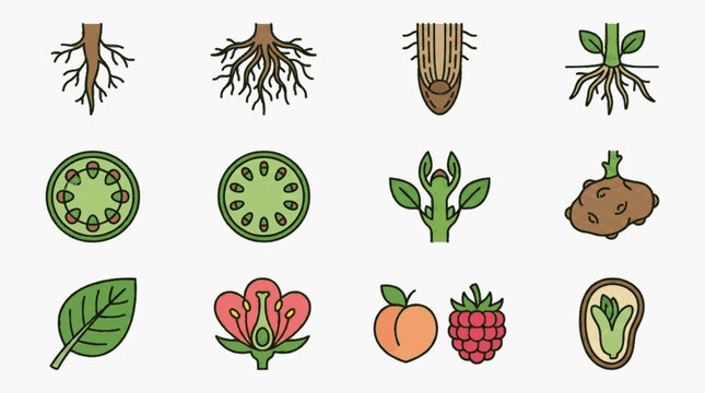 Set of 12 plant anatomy icons illustrating botanical biology including taproots, fibrous roots, root tips, stem cross-sections, leaf structure, flower parts, fruit, and seed embryos.