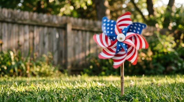 Colorful Pinwheel Spinning in a Green Garden on a Sunny Day, Childhood, Playful Summer, Happiness, Creativity, Outdoor Fun, Family Activities, Nostalgia and Carefree Lifestyle