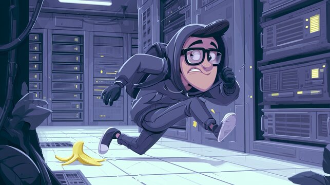 Hooded figure unexpectedly slips on a banana peel, navigating a server room's dense rows of equipment, showcasing a humorous security breach concept