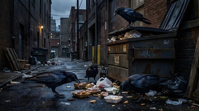 Crows scavenging for food in a dark, gritty urban alleyway next to an overflowing dumpster filled with trash and discarded takeout containers on a gloomy, overcast day
