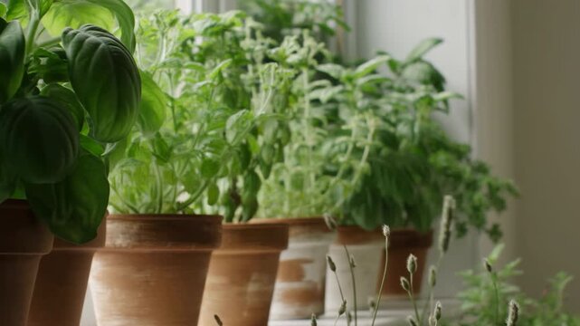 Potted green herbs fill sunlit windowsill as view glides slowly along terracotta planters, revealing broad leaves, soft foliage, bright natural light, and layered indoor greenery