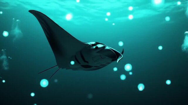 Graceful manta ray gliding through deep blue ocean water with glowing air bubbles