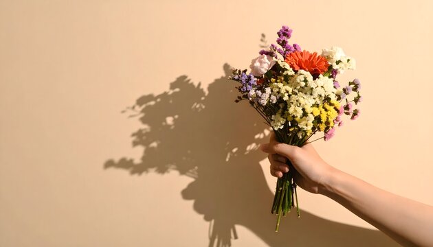 Hand holding a colourful bouquet of wildflowers against a beige wall with sunlight casting artistic floral shadows.