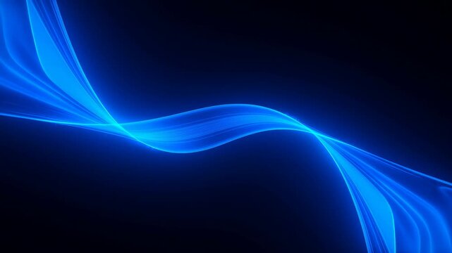 Glowing blue light ribbons flow across a dark abstract digital field. Technology presentations, corporate media, and website headers.
