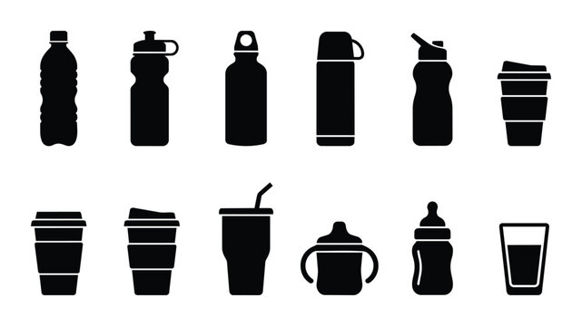 Black Silhouette Drinkware Icons Set: Water Bottles, Coffee Cups, Thermos, Sippy Cup, Baby Bottle, Glass