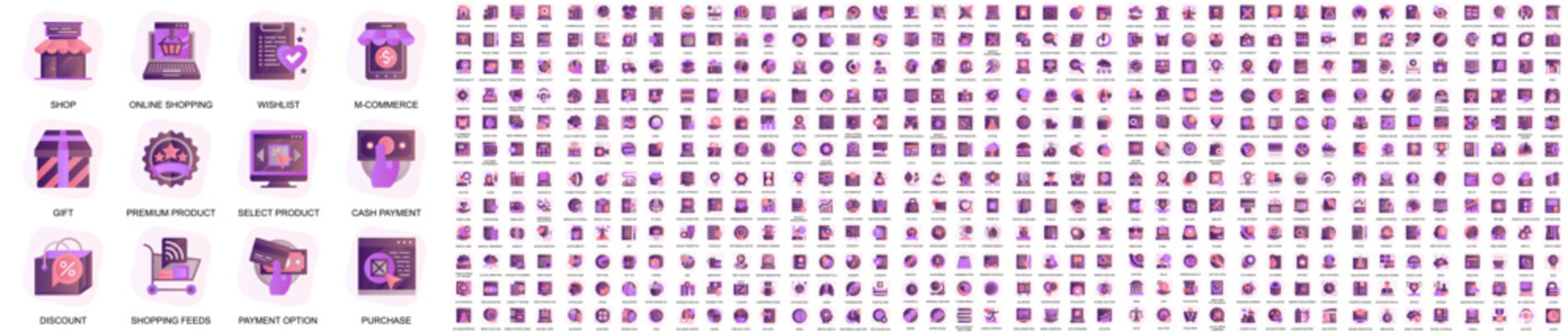 Mega set of vector flat icons. Contains such icon collection as marketing, business process, shopping, commerce, finance, analytics, learning, development, customer service. Gradient pictogram pack.