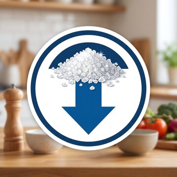 Vector graphic icon of white salt pile with blue downward arrow representing reduced sodium intake and healthy eating lifestyle choices