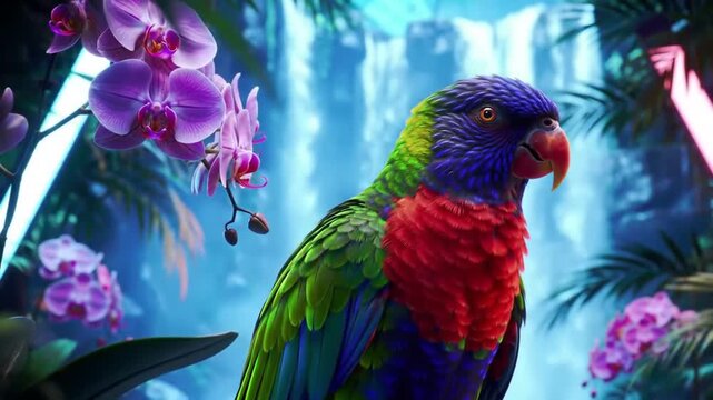 Vibrant colorful parrot perched near purple orchids in tropical rainforest setting