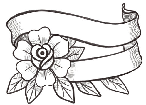 banner ribbon rose flower sketch
