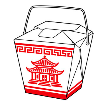Chinese Takeout Food Container with Red Pagoda Temple Design &ndash; SVG Vector Illustration