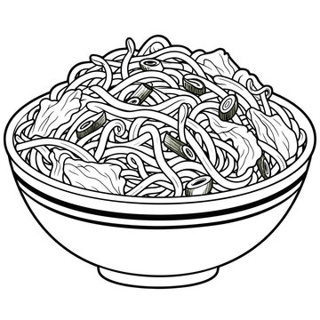 Chinese Noodle Bowl with Vegetables Line Art &ndash; Asian Food SVG Vector Illustration
