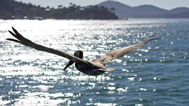 Brown Pelican Flying Low Over Sparkling Ocean Waters Near Coastal Hills