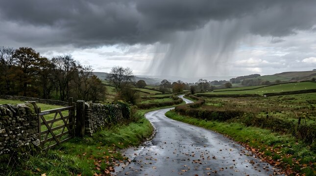 A winding country road leading toward a dramatic localized rain shaft and heavy downpour falling from dark storm clouds over a green rural landscape.