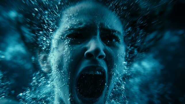 A man submerged underwater, screaming with wide open mouth, surrounded by splashing water, representing struggle and a dramatic, tense concept