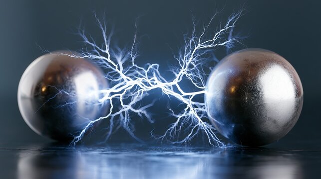 Metallic spheres display vibrant electric arcs connecting between them, demonstrating magnetic attraction within a dark studio, concept for energy transfer