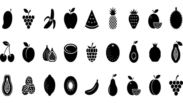 A collection of minimalist black fruit silhouette icons featuring mango, grapes, banana, apple, watermelon, pineapple, strawberry, citrus fruit, cherries, peach, figs, coconut, raspberry, lemon.