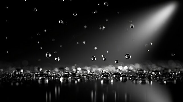 Suspended water droplets glistening under a bright spotlight, creating a dynamic abstract composition, suitable for representing purity and freshness