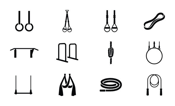 Gym Equipment Icons Set, Fitness Training Gear Vector Graphics, Workout Tools Collection, Exercise Apparatus Symbols