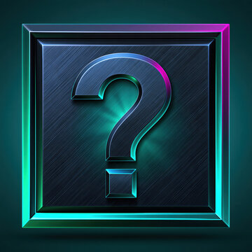 Mystery casino game tile neon square icon question mark symbol dark metal panel glowing cyan edge magenta edge abstract game asset premium tile 3d render front view