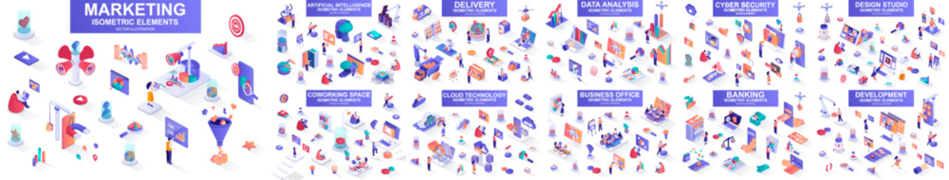 Mega set of vector isometric elements. Contains such banking, business office, cloud technology, cyber security, data analysis, development, marketing and more. Bundle isometry vector illustrations.