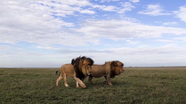Majestic lions roam the vast African savanna under a cloudy sky