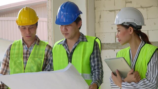 Group of Asian engineer or Young Female Architect put on a helmet for safety and talk with a contractor on a construction building factory project, Concept of Teamwork, Leadership concept.