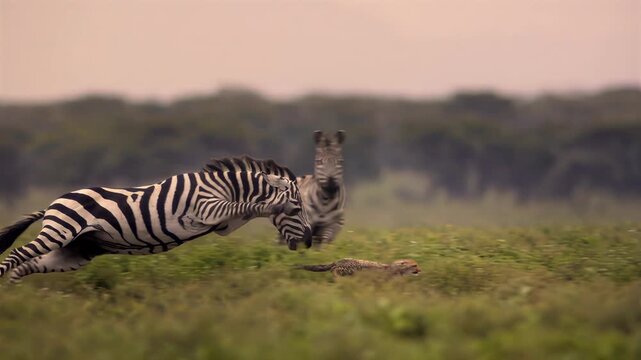 Zebras and cheetahs running across a grassy savanna in a dramatic chase scene