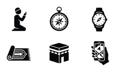 Obraz premium Islamic Icons Set: Prayer, Kaaba, Compass, Watch, GPS Navigation, Prayer Mat, Black Silhouette Graphics for Travel and Faith