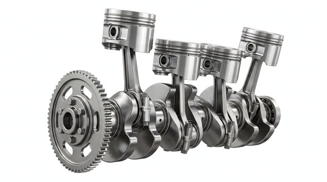 Shiny engine parts with pistons and crankshaft on white background assembly.