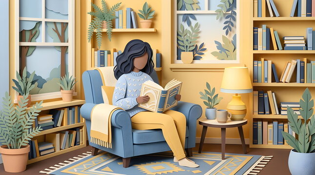 Paper cut craft style of person sitting on armchair reading book at home