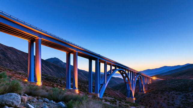 Highway bridge valley mountain twilight dusk landscape viaduct arch bridge road concrete bridge elevated road infrastructure transport travel engineering span column support railing blue sky