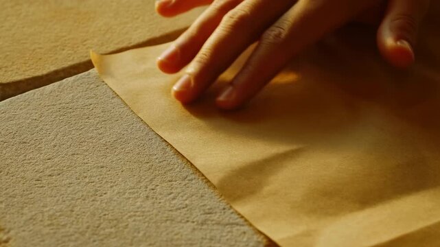 Hand glides fingertips across brown paper on a textured beige surface, gently smoothing the sheet as warm directional light casts soft moving shadows in a close-up composition